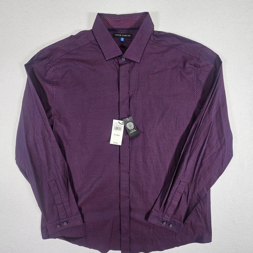 Vince Camuto Shirt Mens XL Button Front Dress Navy & Maroon Diamond